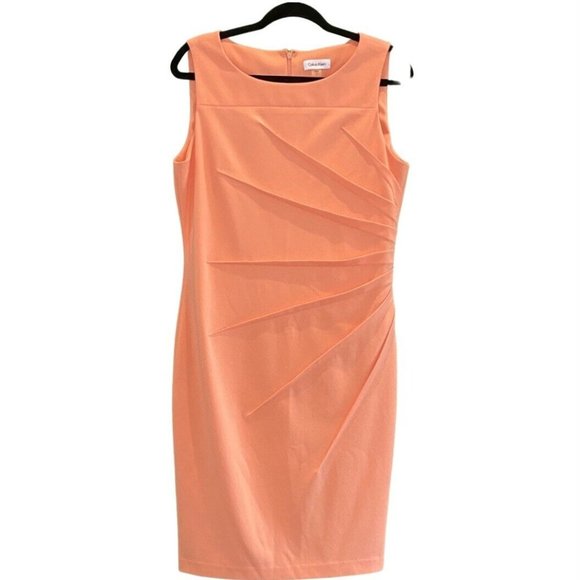 Calvin Klein Sleeveless Round Neck Seamed Sunburst Peach Knit Dress Size 12 - Picture 5 of 7